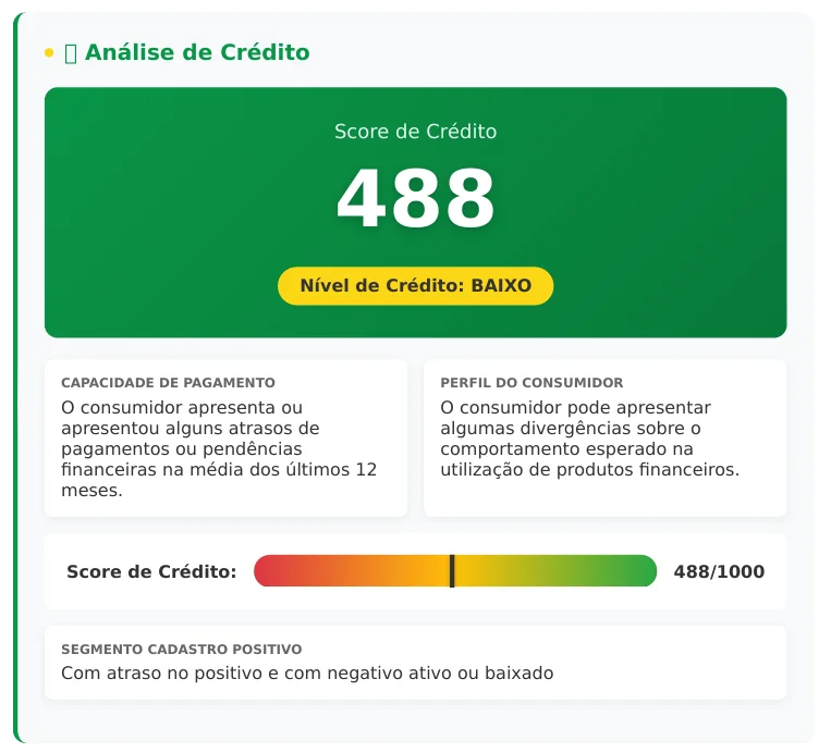 Resultado real da análise de crédito no sistema: score 488, nível de crédito baixo — reprovado antes do prejuízo