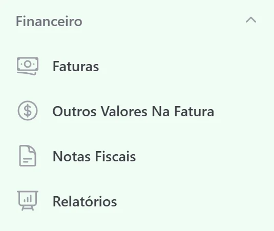 Menu financeiro real: faturas, notas fiscais e relatórios